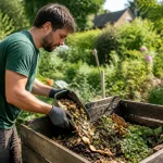 Homme compostant des déchets organiques dans un jardin verdoyant, portant des gants noirs pour protéger ses mains.