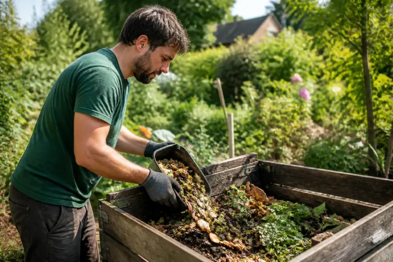 Homme compostant des déchets organiques dans un jardin verdoyant, portant des gants noirs pour protéger ses mains.