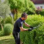 Un homme taille une haie dans un jardin verdoyant avec cisailles, arbre et brouette en arrière-plan.