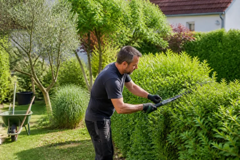 Un homme taille une haie dans un jardin verdoyant avec cisailles, arbre et brouette en arrière-plan.