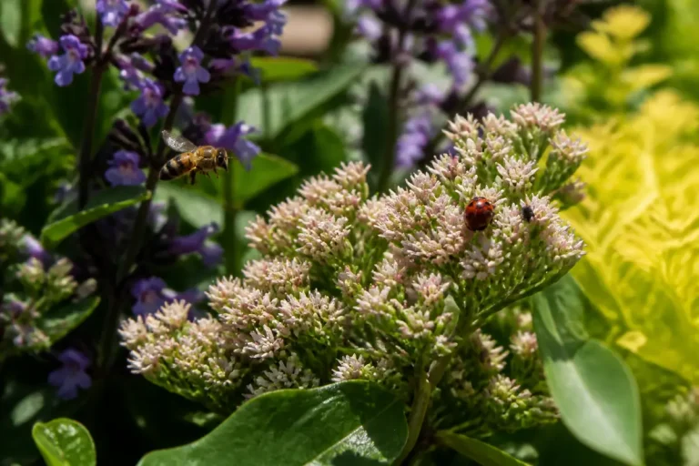 Abeille en vol, coccinelle sur fleurs blanches, lavande violette à l'arrière-plan, feuillage vert.