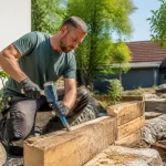 Homme taillant du bois dans un jardin, portant des gants et utilisant un marteau et un ciseau.
