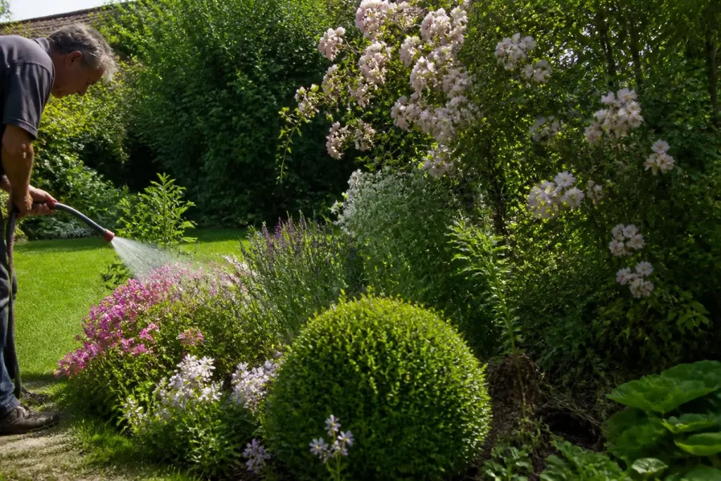 Homme arrosant fleurs dans un jardin verdoyant, avec de nombreux arbustes et plantes fleuries.