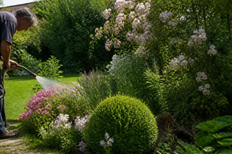 Homme arrosant fleurs dans un jardin verdoyant, avec de nombreux arbustes et plantes fleuries.