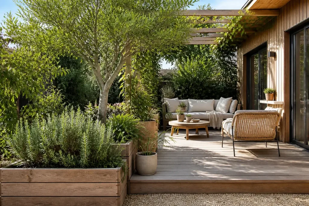 Terrasse en bois avec salon extérieur, canapés, table basse et plantes dans un jardin verdoyant et ombragé.
